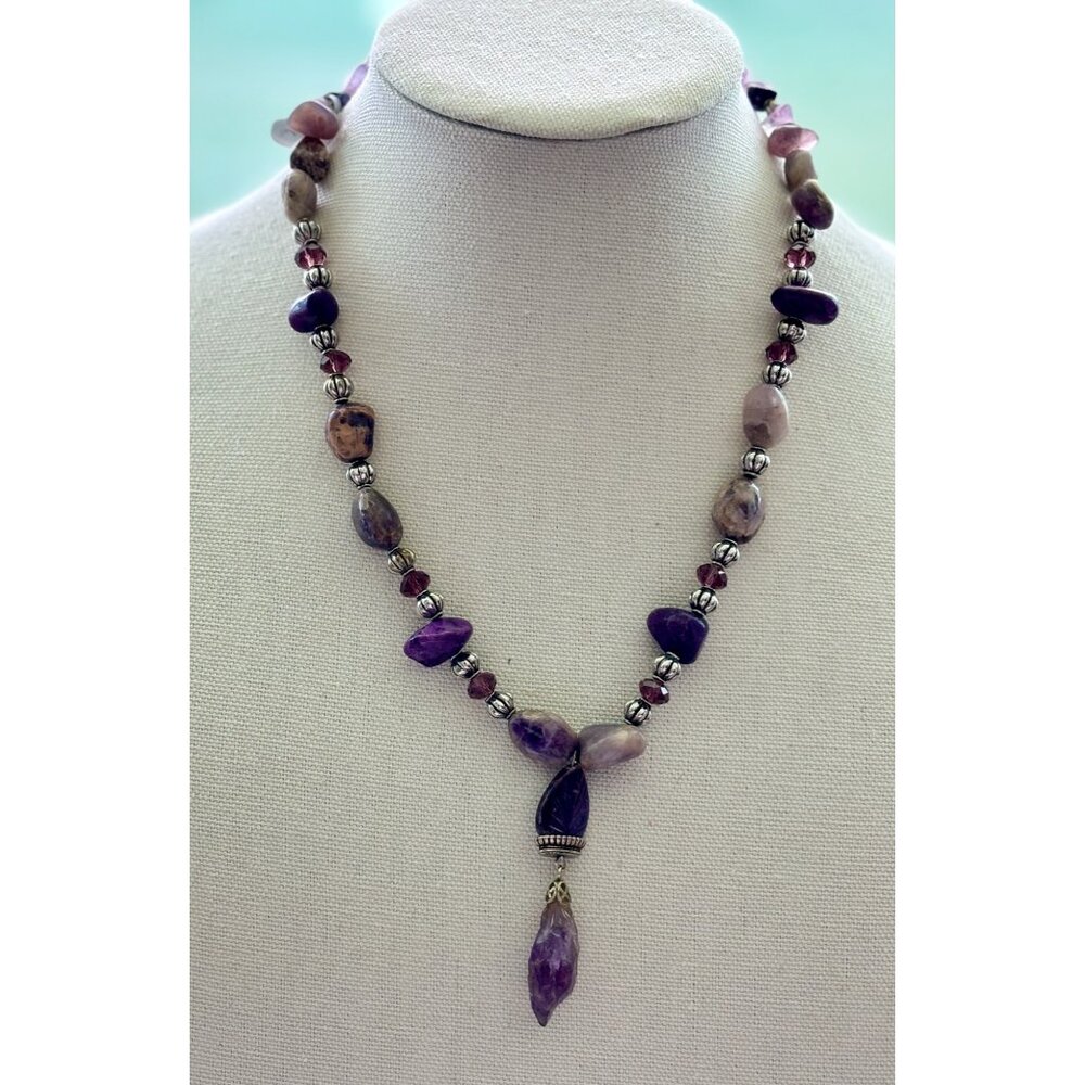 Amethyst & Purple Stone Beaded Necklace With Silver Accents Dangling Pendant & A